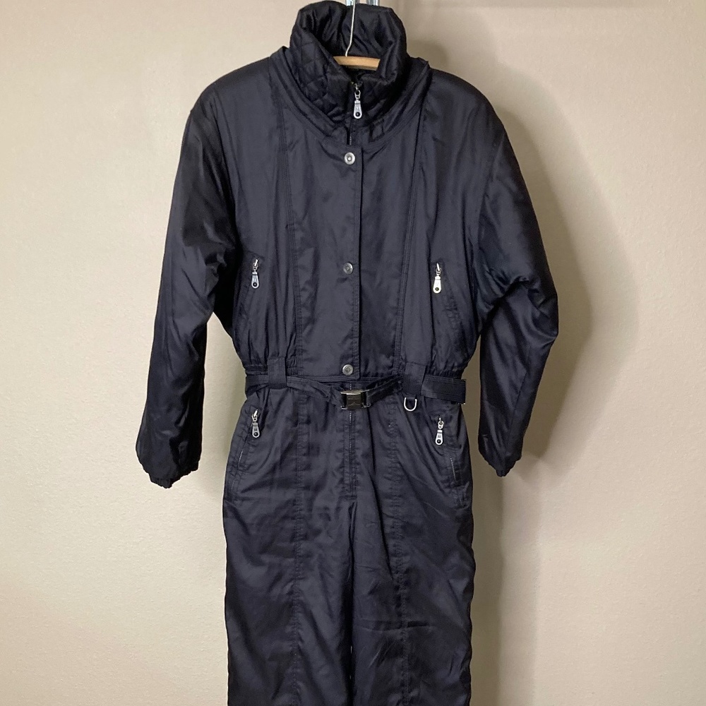 Vintage Couloir Black One Piece Ski Suit Women's 16 Zip Close Pockets Belted